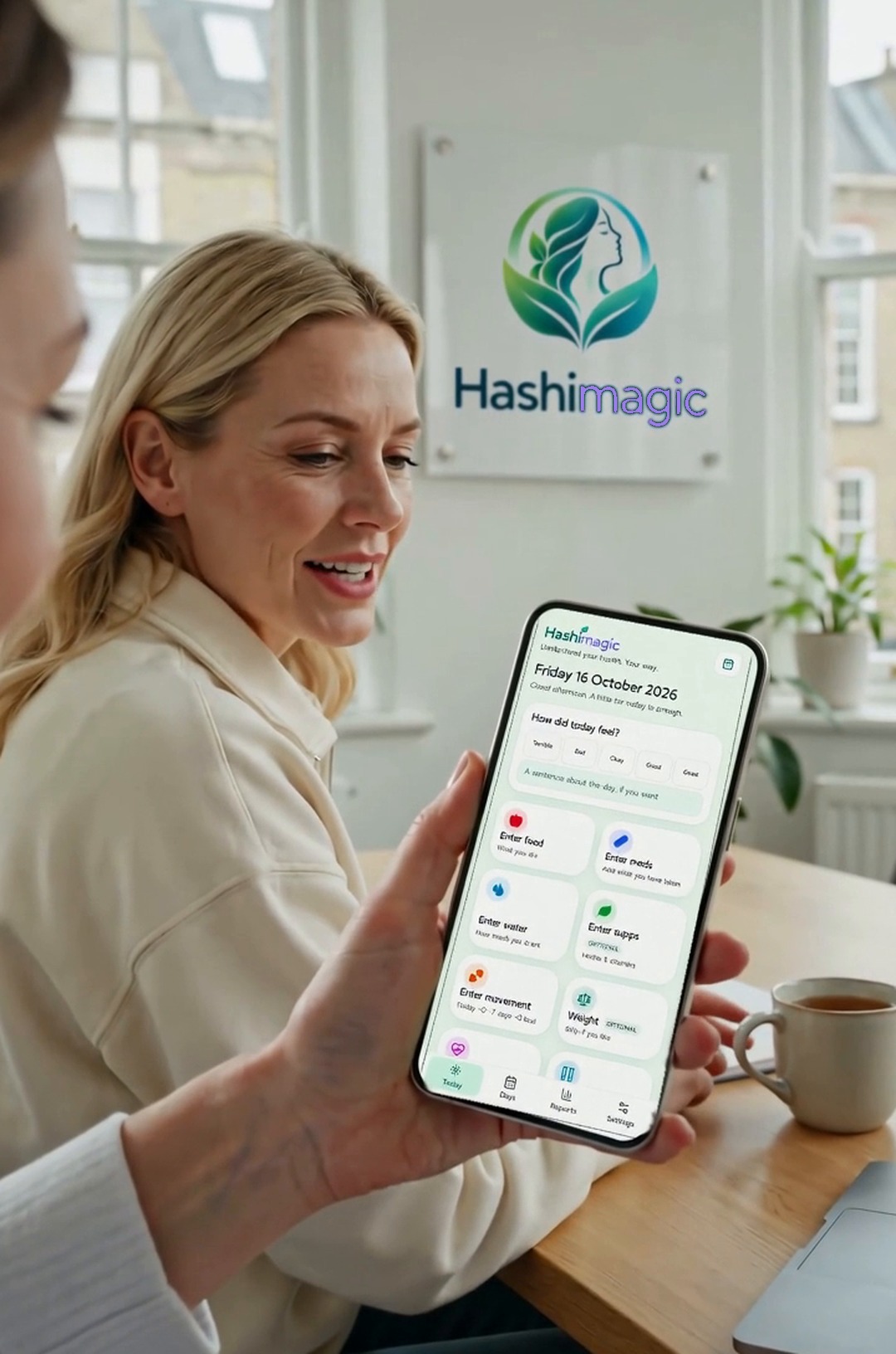 A woman smiling while using the Hashimagic app on her phone