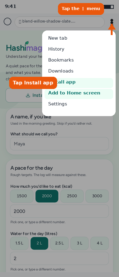 Chrome menu open with Install app and Add to Home screen highlighted