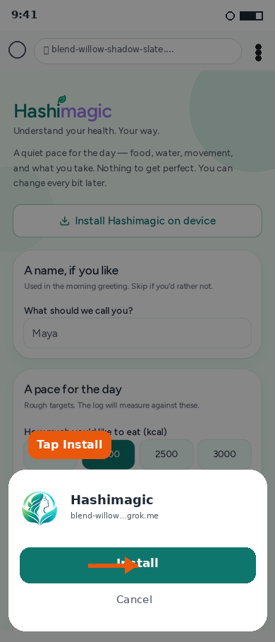 Chrome Install prompt for Hashimagic with Install button highlighted