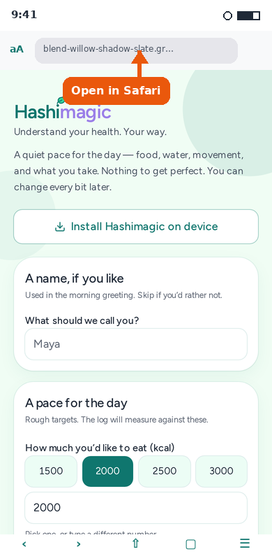 Hashimagic open in Safari on iPhone, with a note to use Safari only