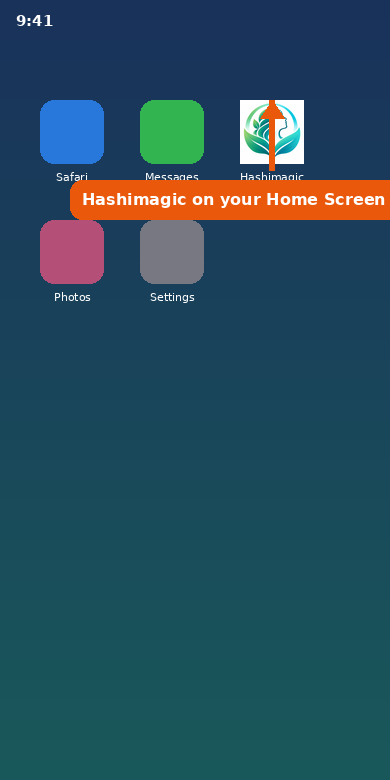 iPhone Home Screen with the Hashimagic icon highlighted