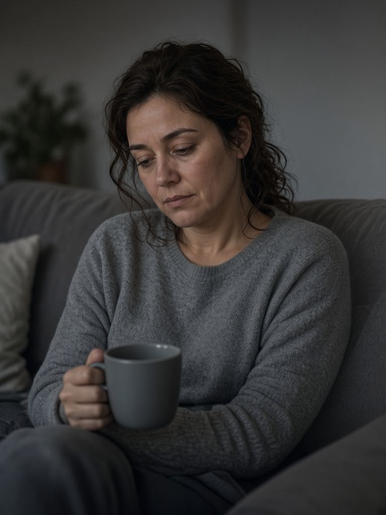 Woman looking tired while holding a mug, representing the daily struggle of a thyroid condition