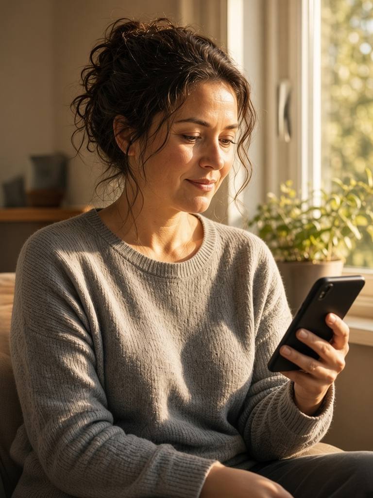 Woman smiling in warm light while using her phone, representing clearer everyday thyroid tracking